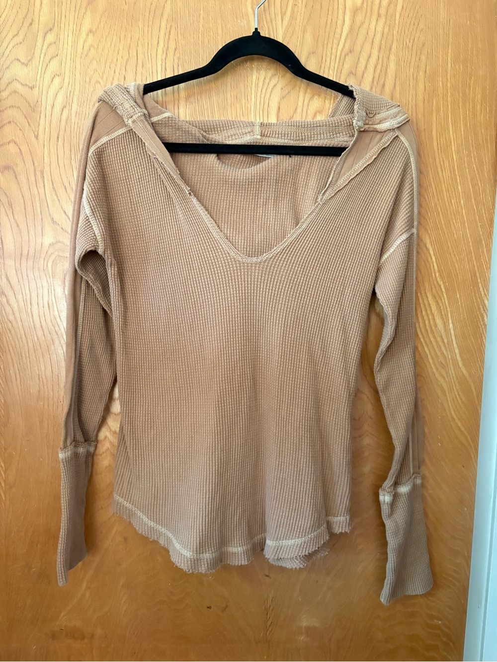 We The Free Waffle-Knit V-Neck Hoodie in Tan L